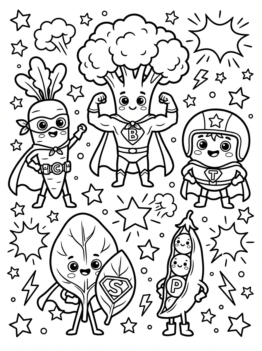 Free Healthy Coloring Pages for Kids - 5 Fun Food Scenes - Preview Page 1