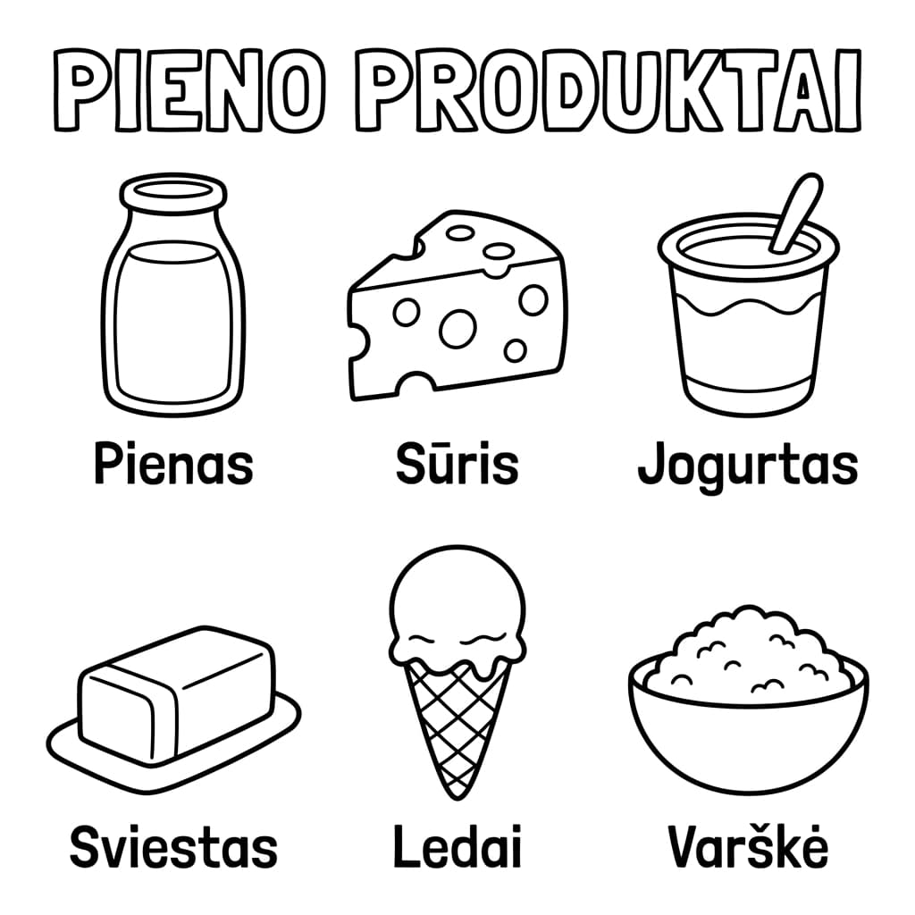 Nemokamas Pieno Produktų Spalvinimo Plakatas Vaikams - PDF - Plakatas